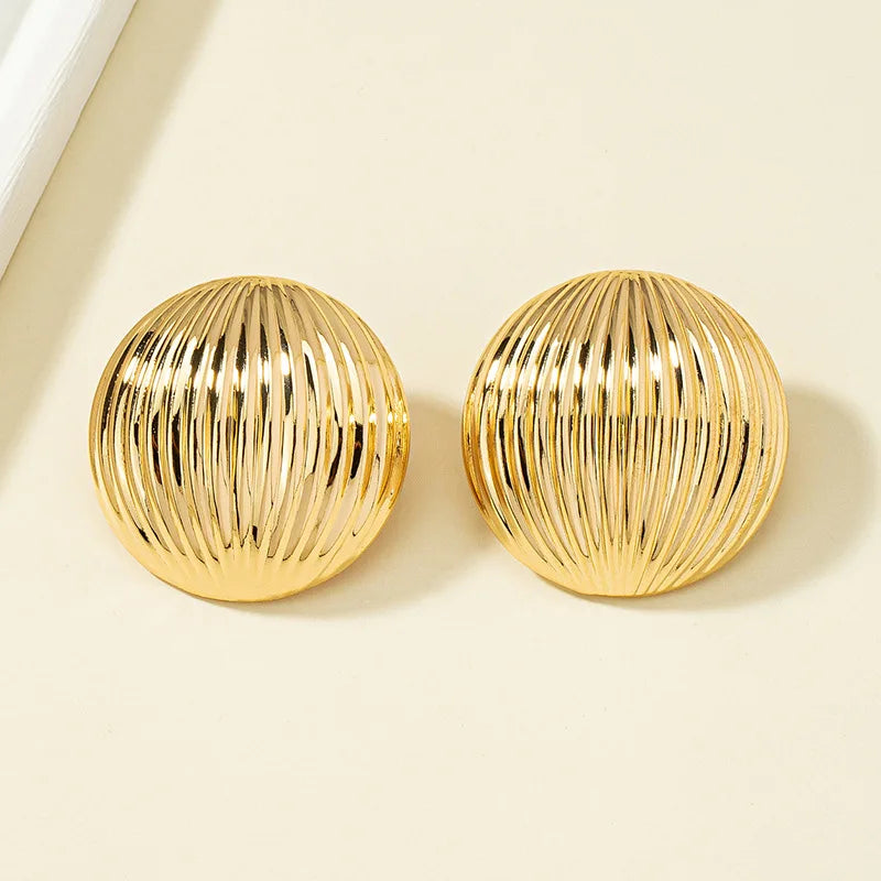 HUANZHI Trendy Punk Style Round Large Earrings for Women Girls Gold Color Metal  Exaggerated Geometric Stripe Party Jewelry