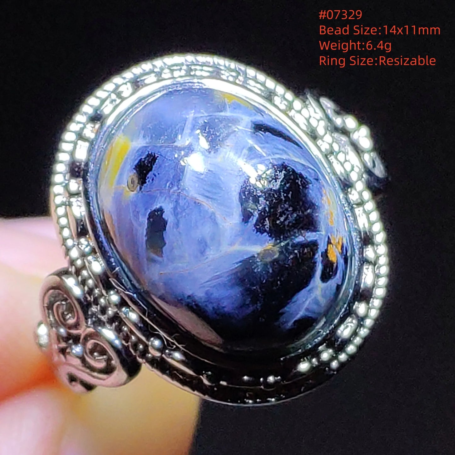 Natural Blue Pietersite Beads Adjustable Ring Woman Men Namibia Pietersite Ring Chatoyant Beads Fashion Silver Jewelry AAAAAA