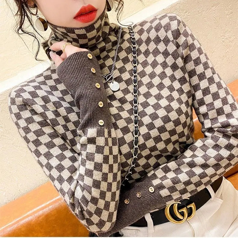 Women's Clothing Elegant Fashion Plaid Knit Pullovers Autumn Winter Vintage All-match Long Sleeve Patchwork Sweater Lady Y2k Top