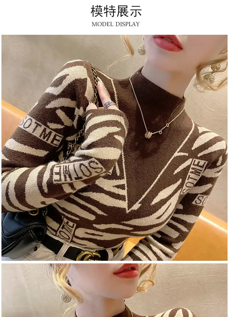 Autumn Office Lady Patchwork Knitting Turtleneck Long Sleeve Pullovers Women Clothes Fashion Letter Slim Top Tee Ladies Sweater