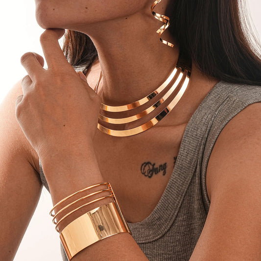 DIEZI Punk Gold Silver Color Choker Torques Necklace Earrings Bangles Set For Women Fashion Vintage Clavicle Jewelry Set