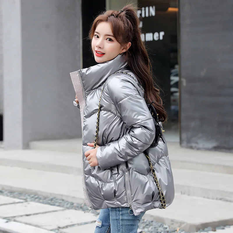 Glossy Down Women's Cotton Jacket Winter Slim Fit Stand Collar Parka Jacket Woman Casual Zipper Up Thick Warm Parkas Mujer