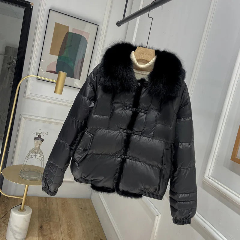 2023 Real Fox Fur Collar Winter Women 90%White Duck Down Jacket Ladies Short Warm Puffer Coat Female Loose Vintage Parka
