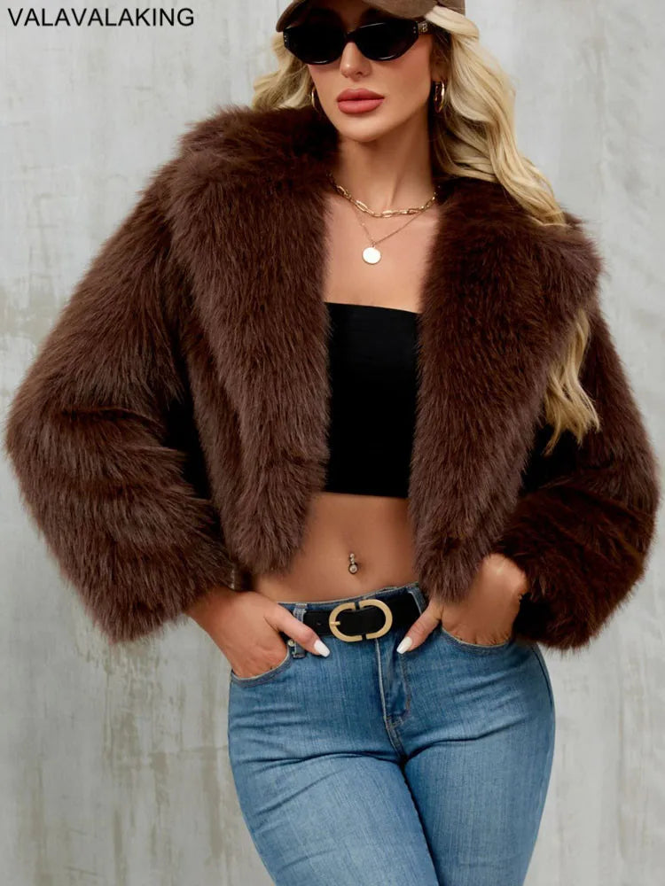 2025 Female Winter Brown Faux Fur Coat For Women Casual Long Sleeve Fluffy Plush Jacket Lady Solid Thick Fake Fur Warm Cardigan
