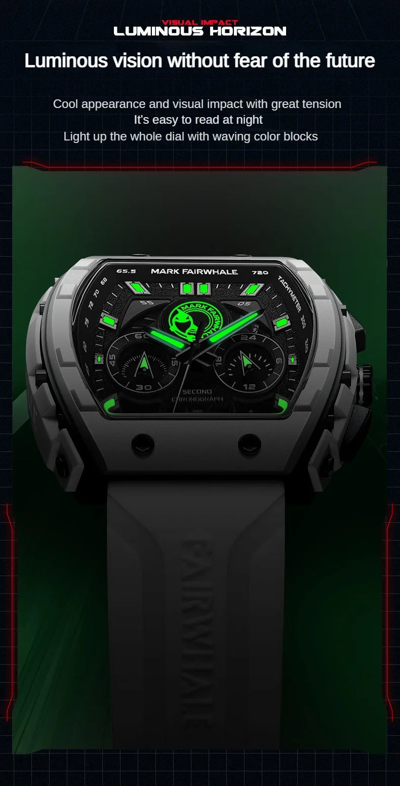 Fashion White Watches For Men Sport Silicone Strap Dive Luminous Quartz Watch Tonneau Shape Resin Case Multifunctional Clock New