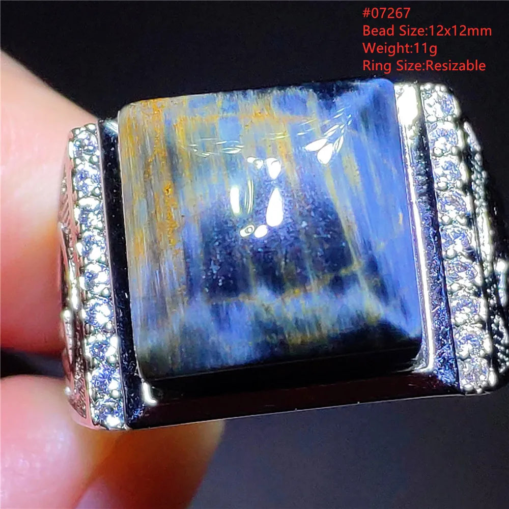 Natural Blue Pietersite Beads Adjustable Ring Woman Men Namibia Pietersite Ring Chatoyant Beads Fashion Silver Jewelry AAAAAA