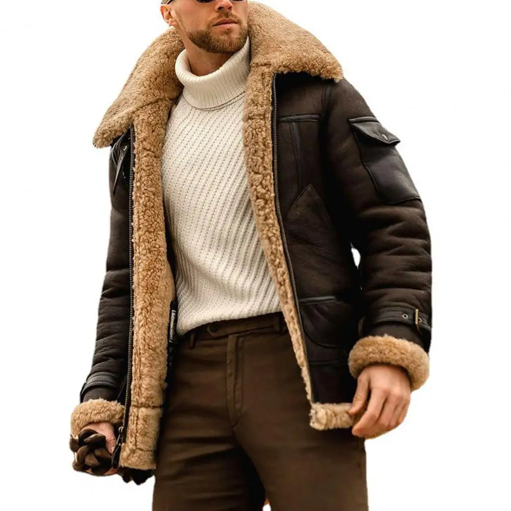 Faux Fur Faux Leather Men Jacket Vintage Lapel Thickened Plush Lining Winter Men Jackets Furry Coldproof Keep Warm Winter Coat