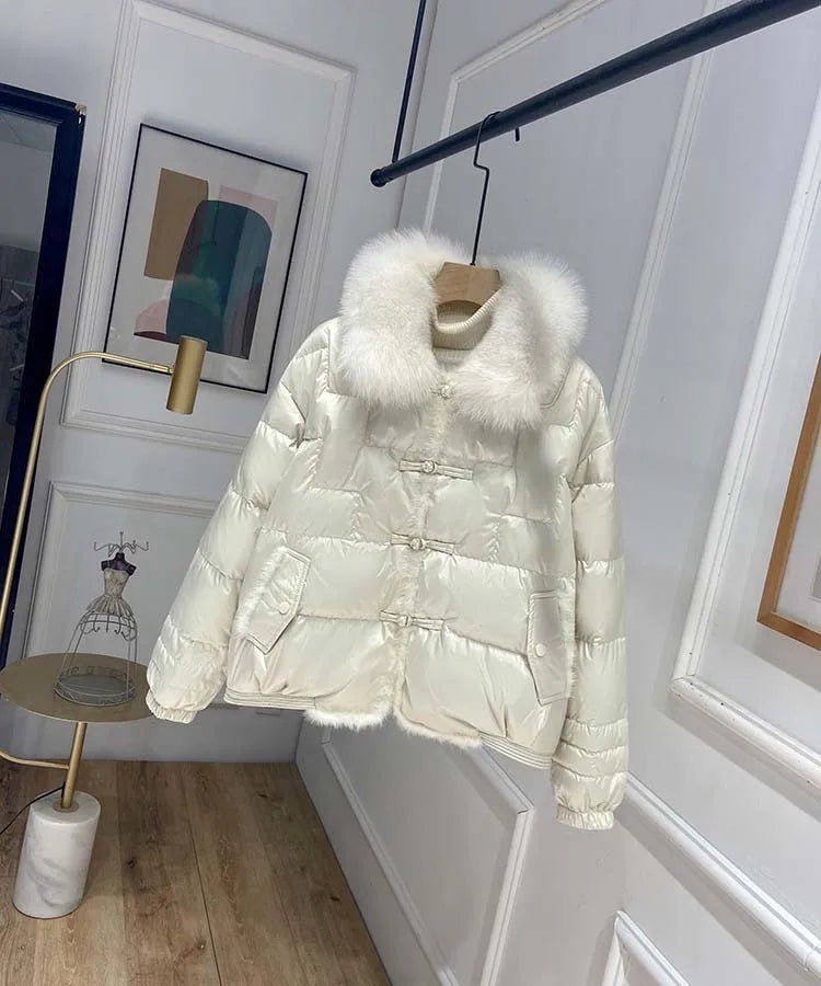 2023 Real Fox Fur Collar Winter Women 90%White Duck Down Jacket Ladies Short Warm Puffer Coat Female Loose Vintage Parka