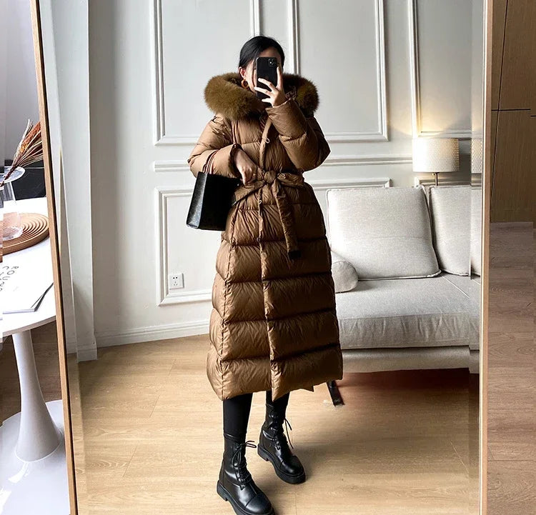 Real Fur Jacket 2024 Winter Women White Duck Down Jackets Ultra Light Warm Long Parkas Fox Fur Collar Female Hooded Snow Coats