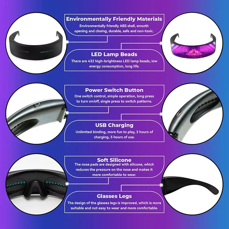 DIY Shining Electronic Futuristic Eyewear Glow The Dark Bluetooth LED Luminous Glasses Prop for Party Bar Festival Performance