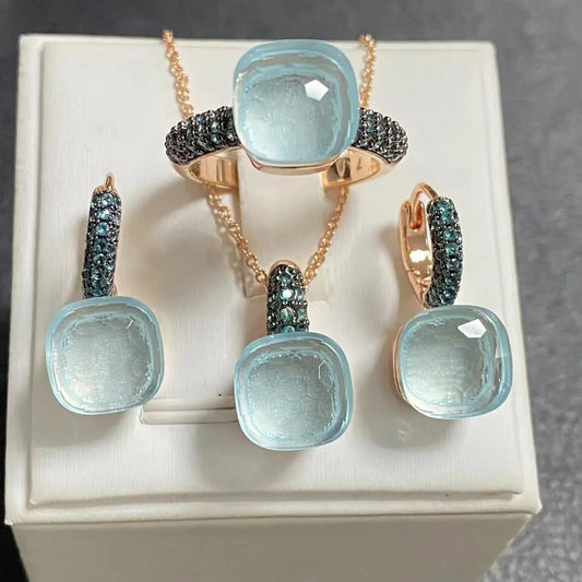3Pcs Gun Black Plated Blue Zircon Jewelry Set for Women Includes Ring Earrings Necklace Elegant Crystal Blue Topaz Matching Gift
