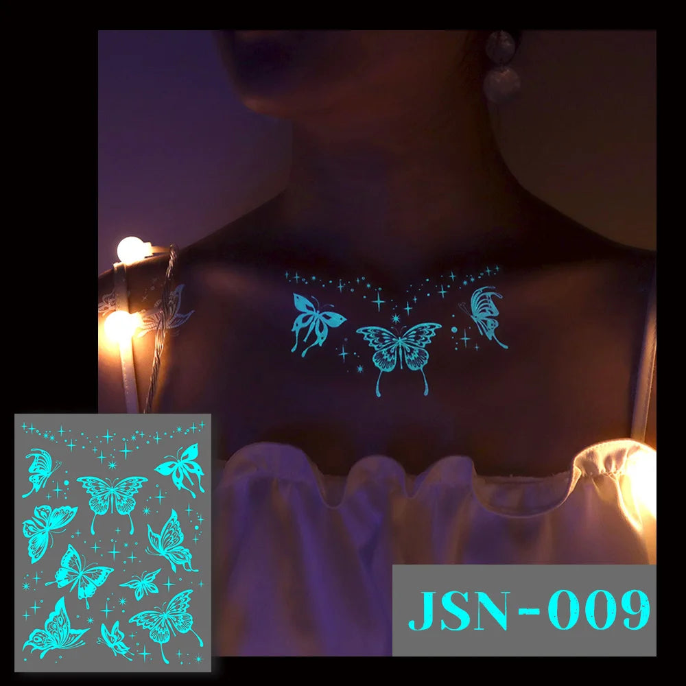5pcs Blue Luminous Glow Waterproof Temporary Tattoo Sticker Line Star Butterfly Flash Tatto Women Men Arm Body Art Fake Tattoos