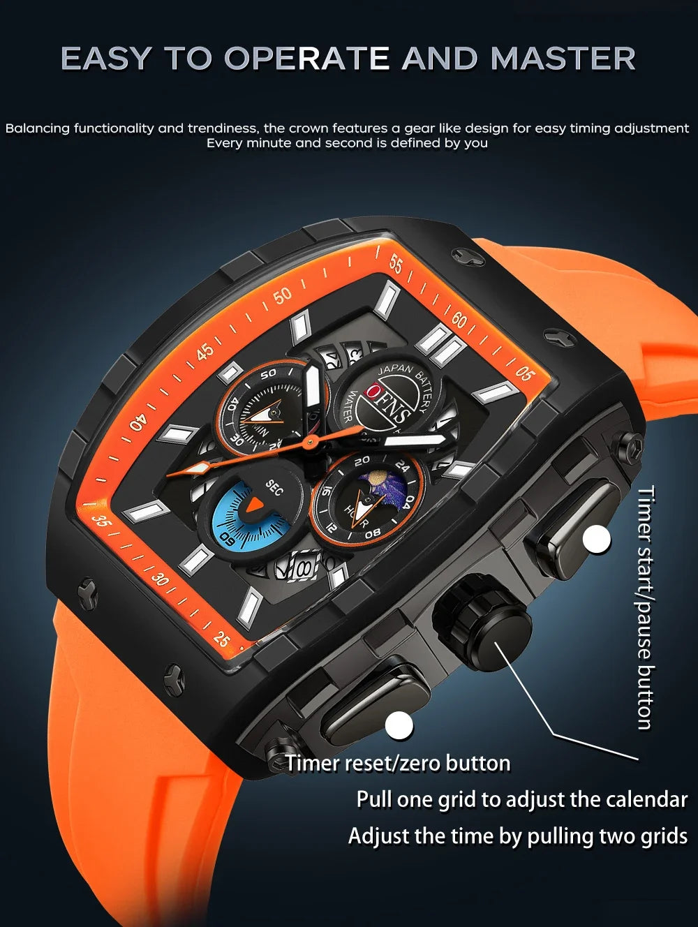 OFNS Fashion Quartz Watches for Man Luminous Waterproof Chronograph Calendar Silicone Strap Outdoor Luxury Sports Men Watch