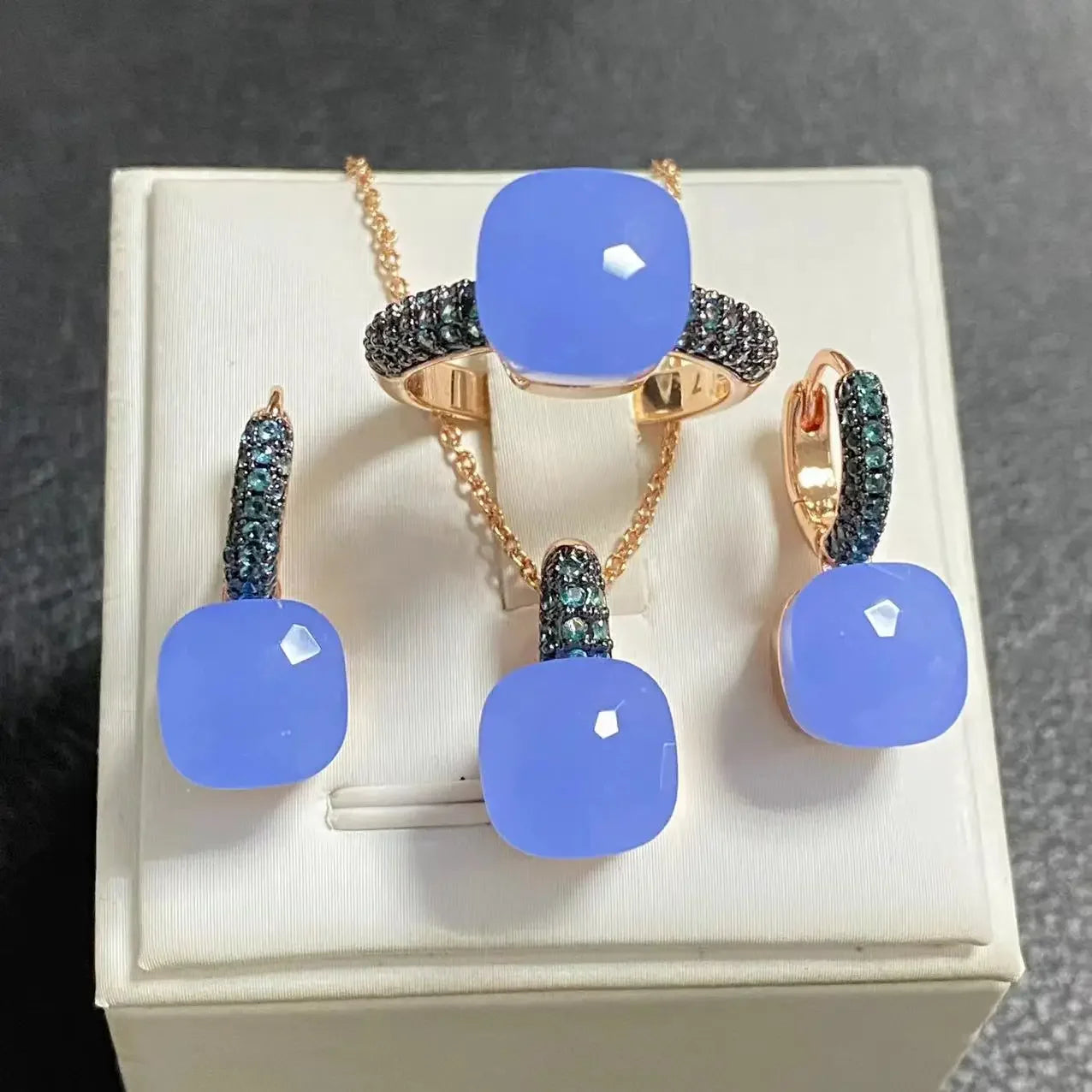 3Pcs Gun Black Plated Blue Zircon Jewelry Set for Women Includes Ring Earrings Necklace Elegant Crystal Blue Topaz Matching Gift