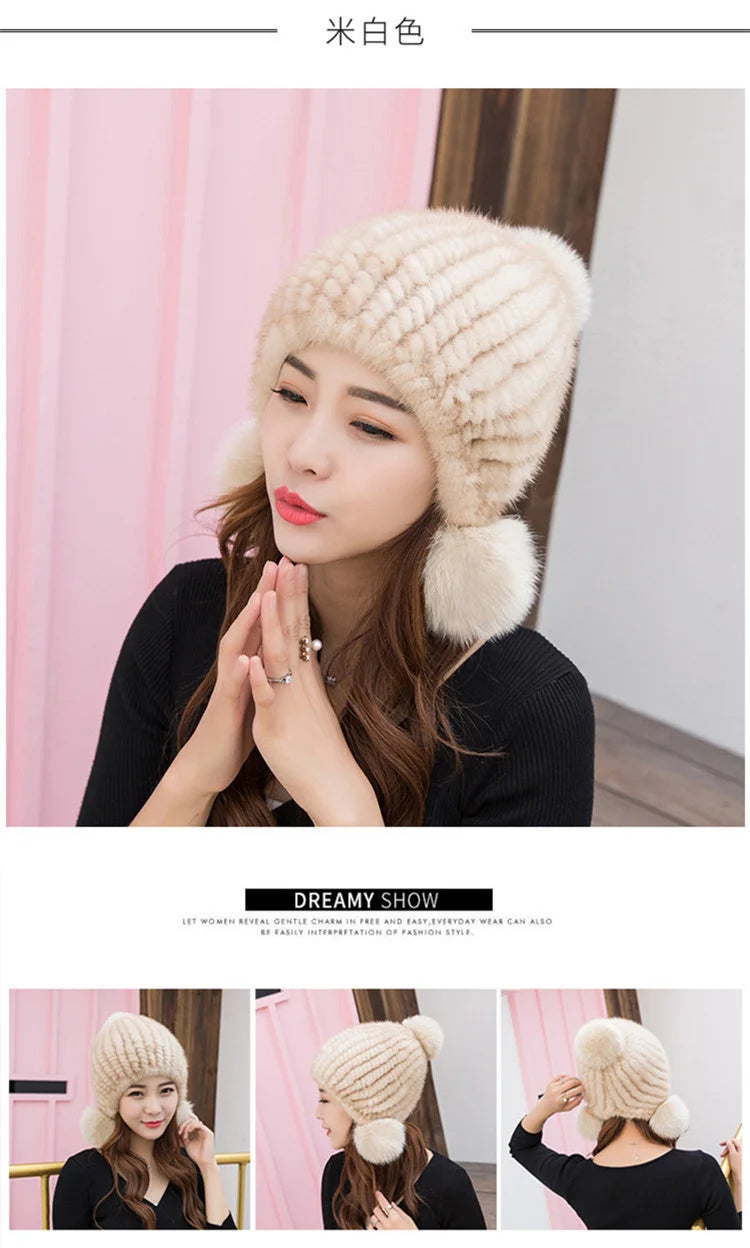 Mink Fur Hat Women Winter Thickened Ear Protection Hat Natural Fur Knitted Caps With Pom Pom Fox Ball Fashion Beanies Fur Hats