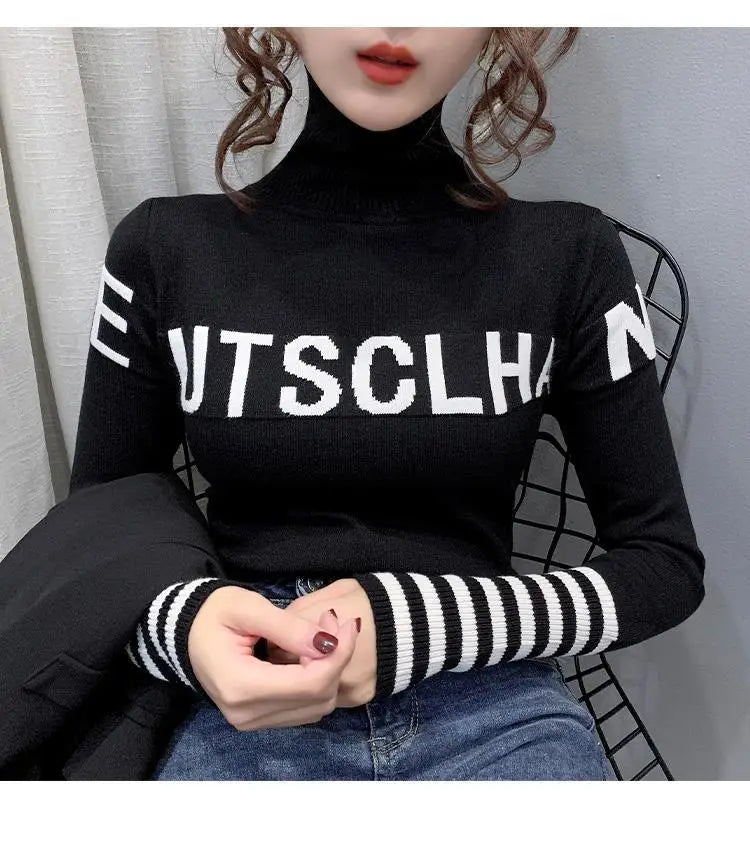 Turtleneck Pullovers Femme Autumn Winter Interior Lapping Fashionable Slim Bottoming Shirt Letter Knitting Sweater Striped Tops