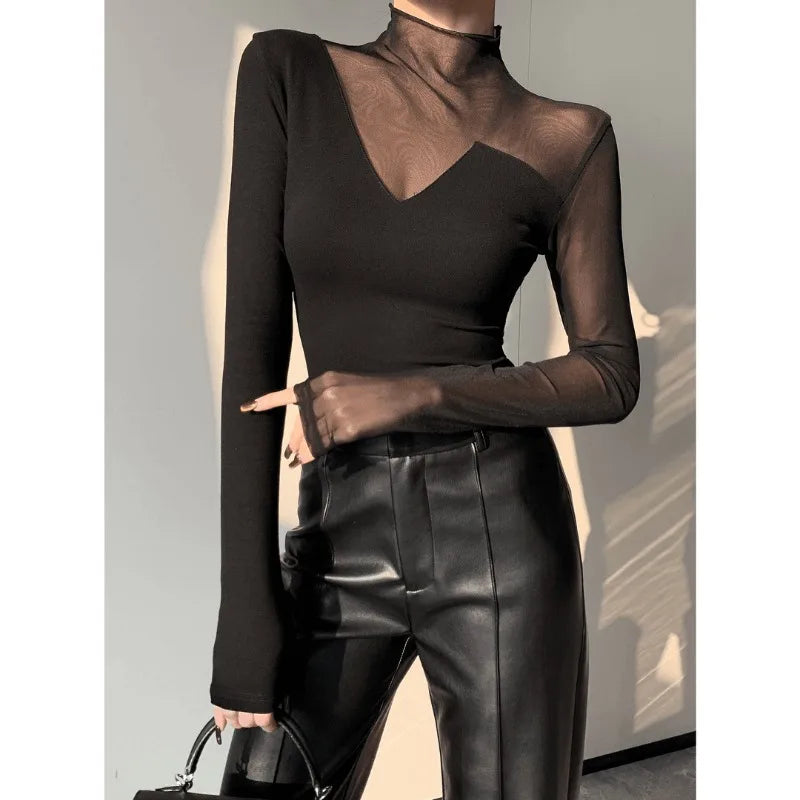 Women Korean Fashion Sexy See Through Mesh Patchwork Basic T-shirt Office Lady Black Elegant Long Sleeve Slim Tops Ropa De Mujer