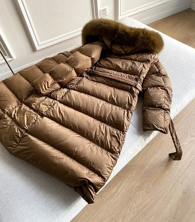 Real Fur Jacket 2024 Winter Women White Duck Down Jackets Ultra Light Warm Long Parkas Fox Fur Collar Female Hooded Snow Coats