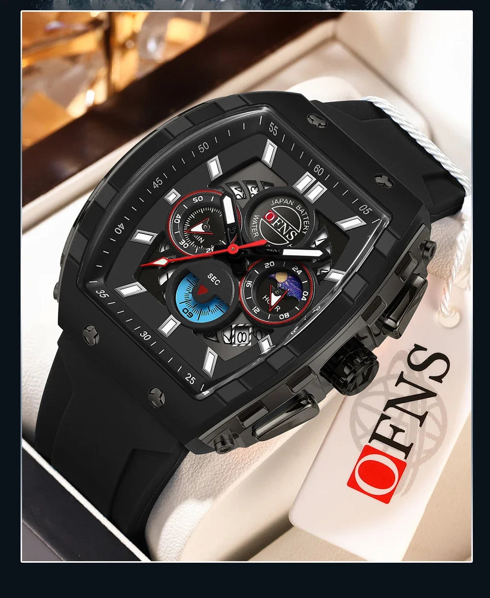 OFNS Fashion Quartz Watches for Man Luminous Waterproof Chronograph Calendar Silicone Strap Outdoor Luxury Sports Men Watch