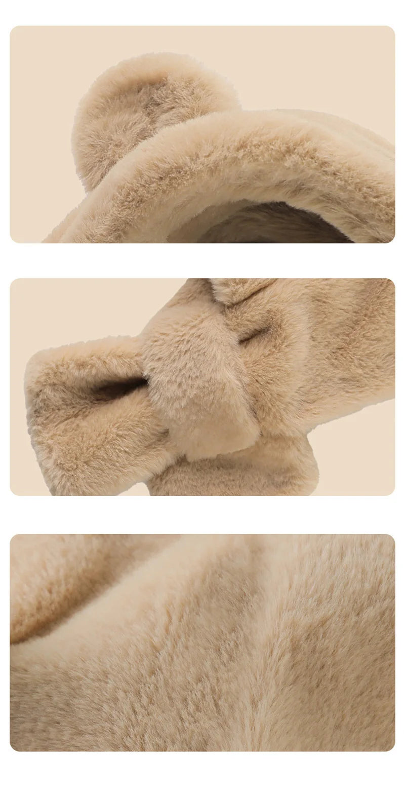 Winter Baby Hat Scarf One-Piece Faux Fur Kids Hats Cartoon Bear Warm Neck Ear Cap for Boys Girls Windproof Beanies Infant Stuffs