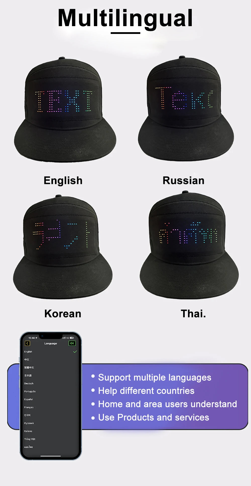 LED Hat Light Display Screen DIY Smart Pixel Matrix Baseball Hat Rechargeable Bluetooth APP Control Hip Hop Street Party Decor