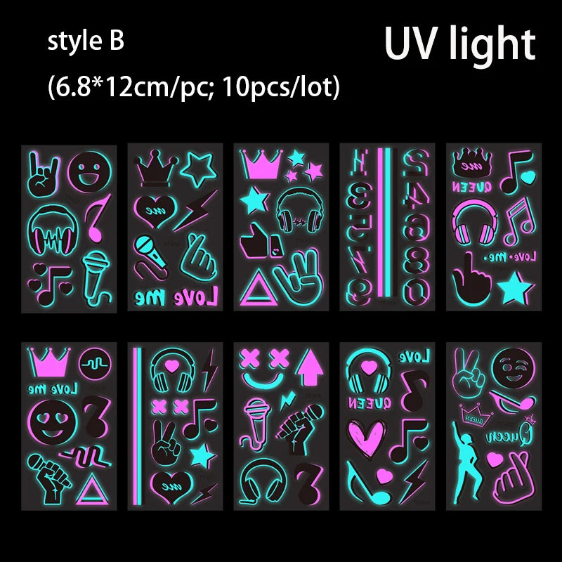 Luminous Temporary Tattoos Stickers Fluorescent Neon In Dark Illuminate Tattoo Elephant/Love Heart Shoulder Tattoo Party Sticker