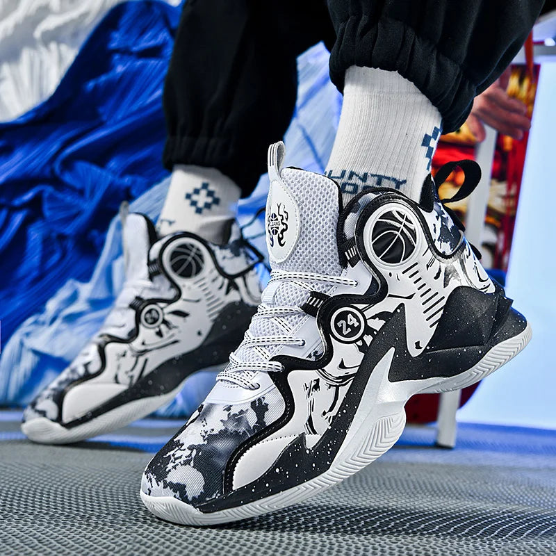 Men Basketball Shoes Soft Sole Cushioning Anti-Slip Sports Shoes Flat Comfortanle High-top Leather Basketball Boots for Man