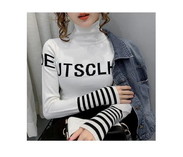 Turtleneck Pullovers Femme Autumn Winter Interior Lapping Fashionable Slim Bottoming Shirt Letter Knitting Sweater Striped Tops