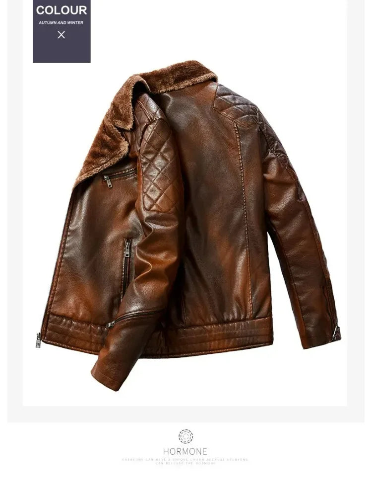 Fashion Warm Winter Mens PU Leather Jacket With Fur Collar Thicken Fleece Motorcycle Coat Casual Faux Leather Locomotive Jacket