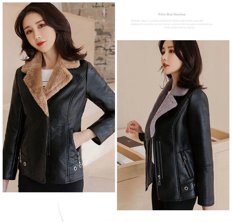 2022 New Winter PU Leather Jacket Women Short Blazers Coat Fleece Double-faced Fur Leather Outerwear Lady Slim Suit Tops Jackets