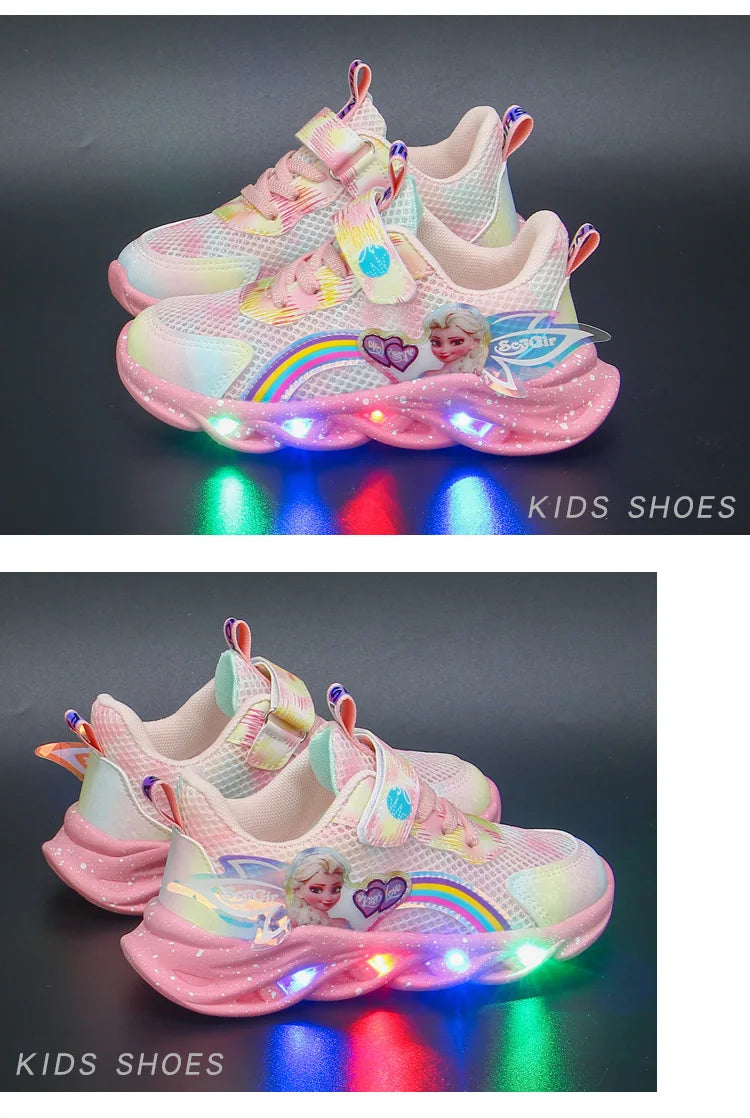 Disney Girls' Casual Shoes Led Lights Mesh Breathable Children's Sports  Princess Elsa Pink Purple Shoes Sneakers Size 22-37