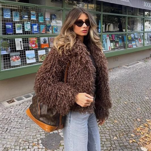Vintage Fashion Winter Women's Faux Fur Coat Brown Curly Hair Female Mink Fur Coat Slouchy-style Artificial Fur Jacket For Lady