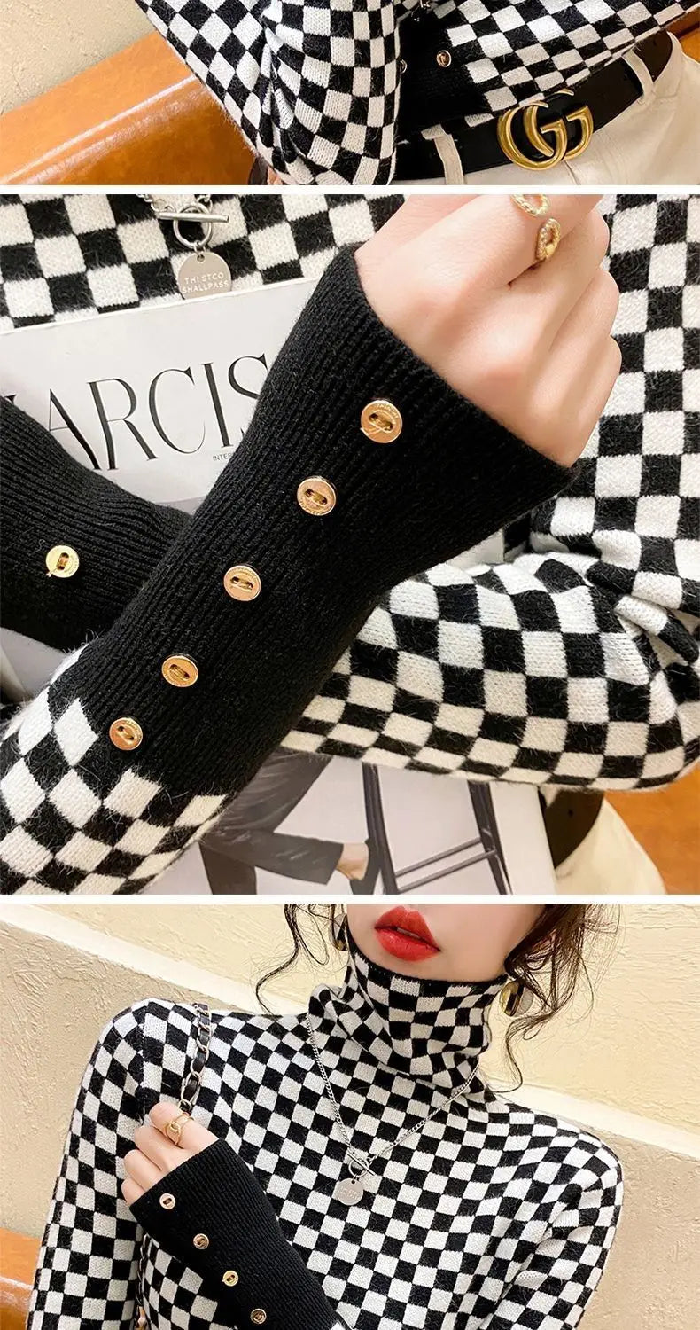 Women's Clothing Elegant Fashion Plaid Knit Pullovers Autumn Winter Vintage All-match Long Sleeve Patchwork Sweater Lady Y2k Top