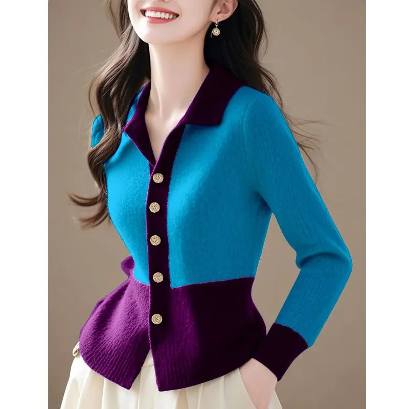 2024 Patchwork New Autumn Winter Polo Knitting Cardigan Sweater Coat Fashion All-match Long Sleeve Temperament Top Tee Women's