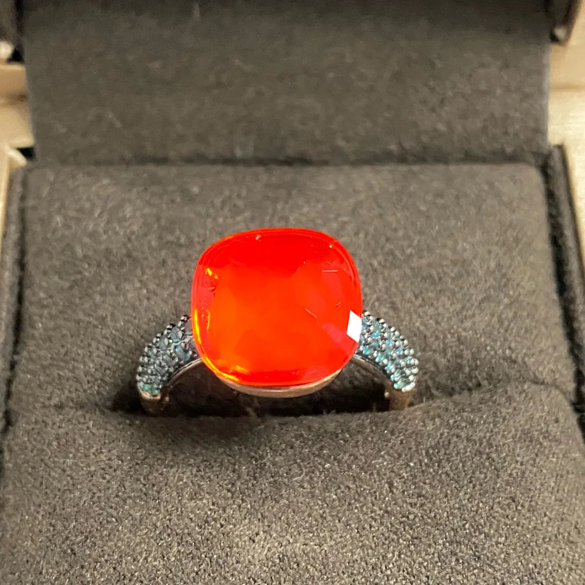 Blue Topaz Ring Inlay Black Zircon With Black Gun Plated 12.6mm Flat Crystal Ring For Women Party Fashion Jewelry Gift