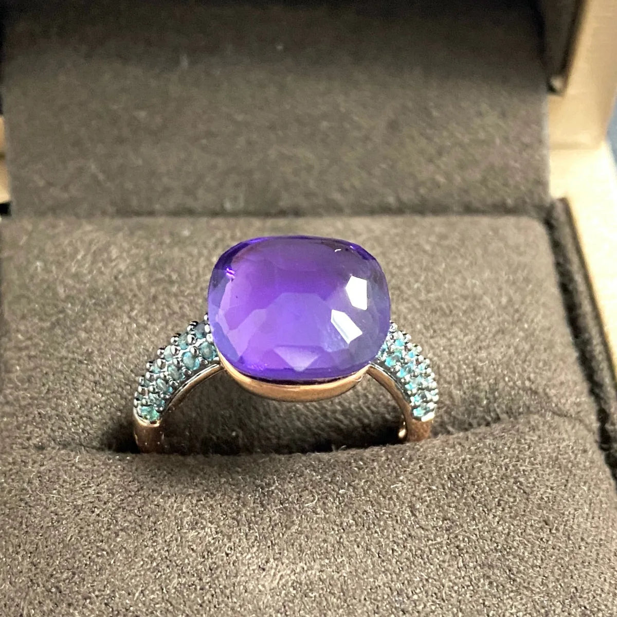 Blue Topaz Ring Inlay Black Zircon With Black Gun Plated 12.6mm Flat Crystal Ring For Women Party Fashion Jewelry Gift