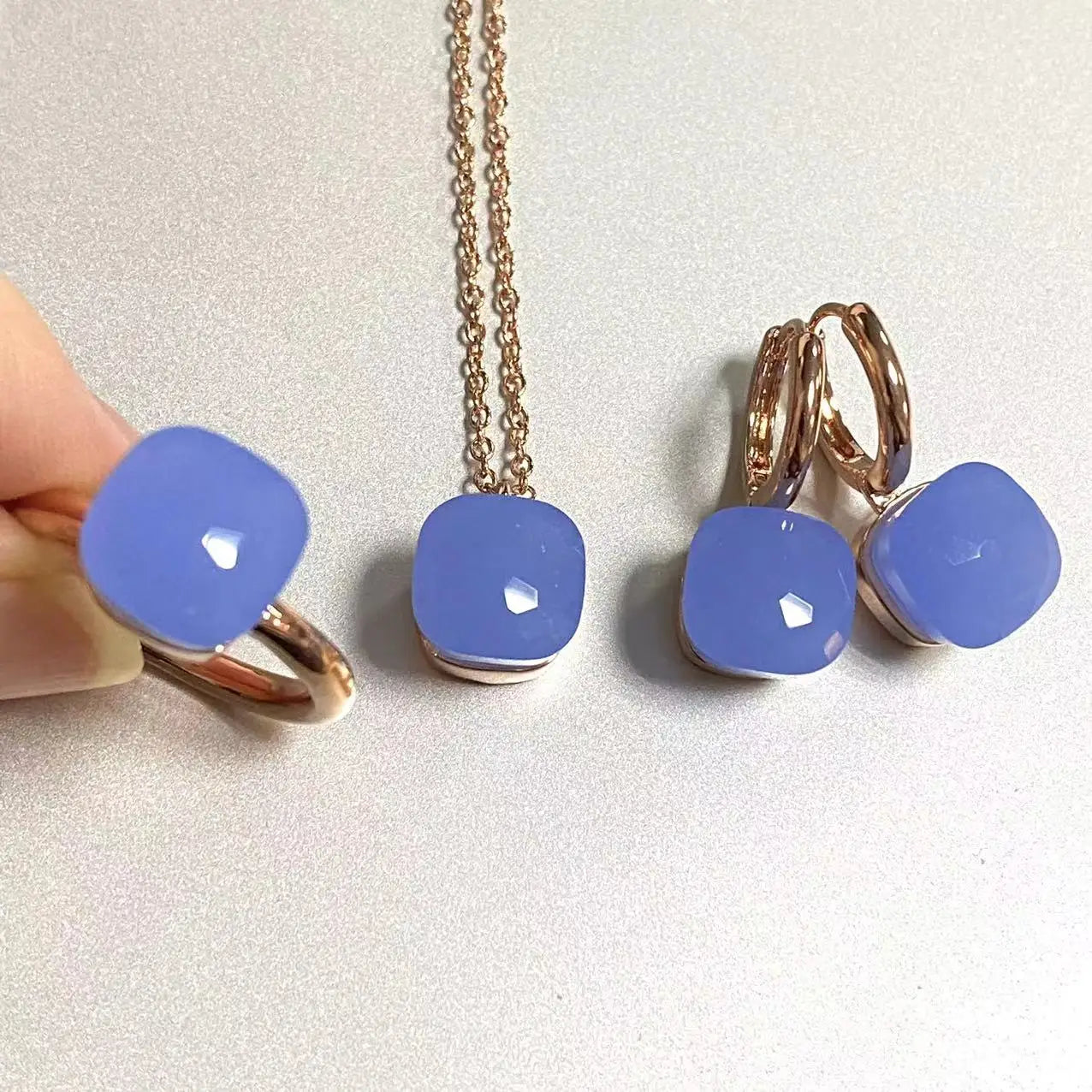 3Pcs/Set Women Ring Earrings Necklace Jewelry Set 34Colors Pink Crystal Jewelry Set Rose Gold Plated Jewelry