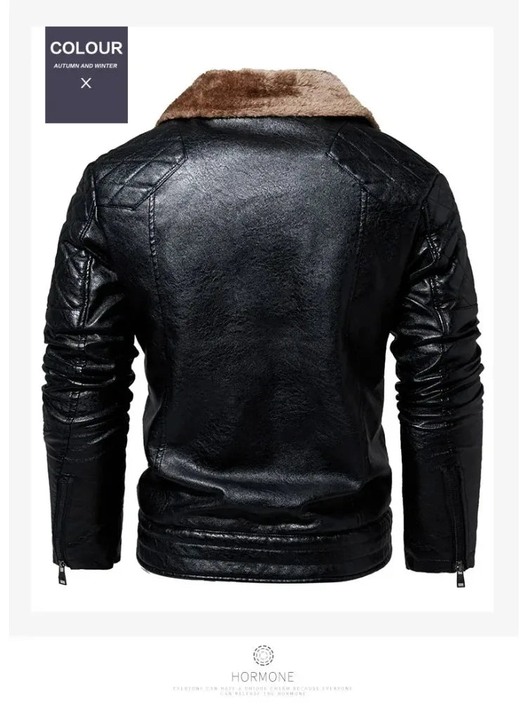 Fashion Warm Winter Mens PU Leather Jacket With Fur Collar Thicken Fleece Motorcycle Coat Casual Faux Leather Locomotive Jacket
