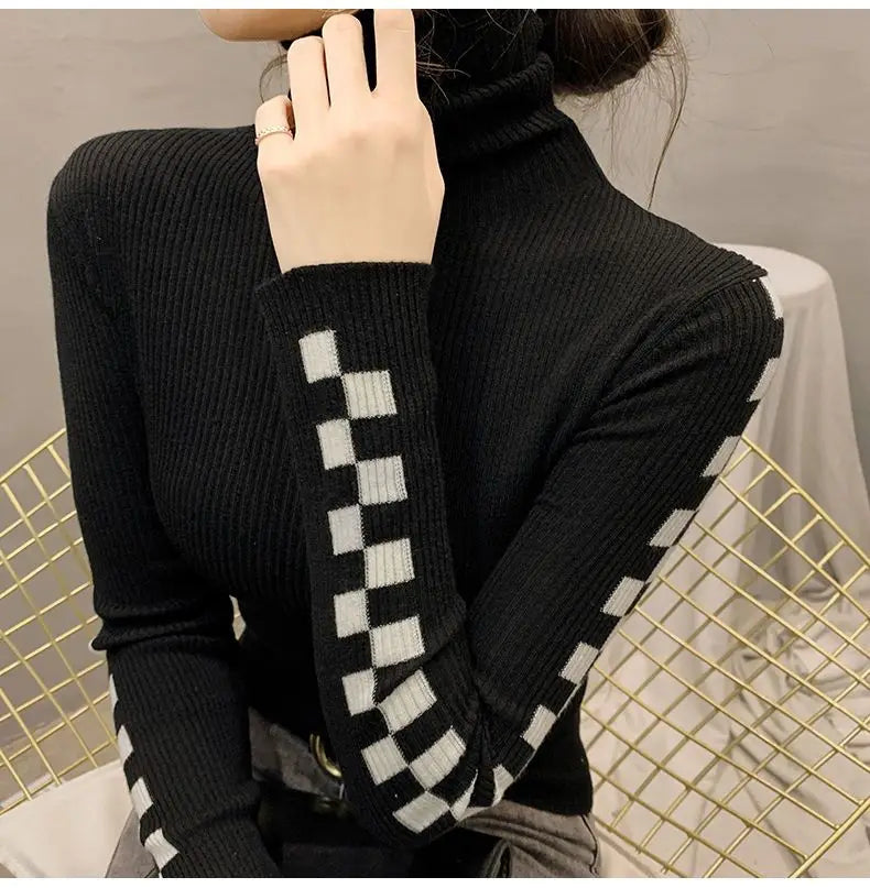 Pile Collar Plaid Bottoming Shirt Female New Autumn Winter Temperament All-match Sweater Interior Lapping Slim Turtleneck Tops