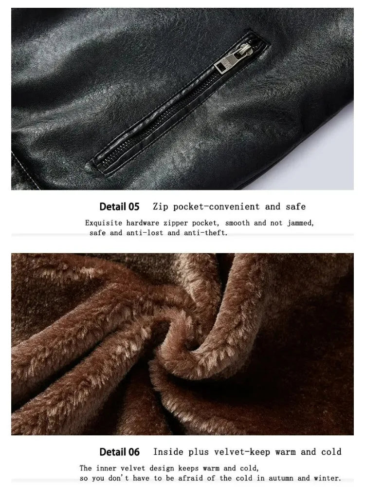 Fashion Warm Winter Mens PU Leather Jacket With Fur Collar Thicken Fleece Motorcycle Coat Casual Faux Leather Locomotive Jacket