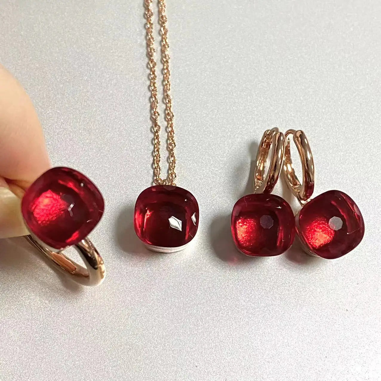 3Pcs/Set Women Ring Earrings Necklace Jewelry Set 34Colors Pink Crystal Jewelry Set Rose Gold Plated Jewelry