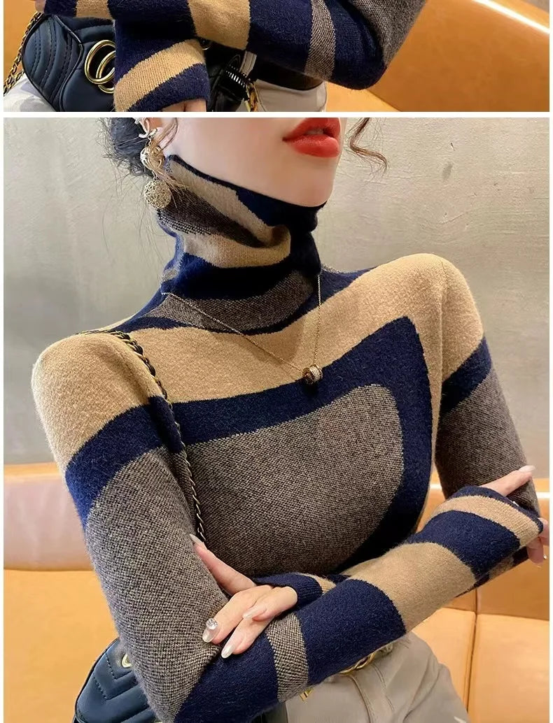 Women Clothing Fashion All-match Slim Knit Pullovers Autumn Winter Elegant Chic Geometric Patchwork Sweaters Office Lady Y2k Top