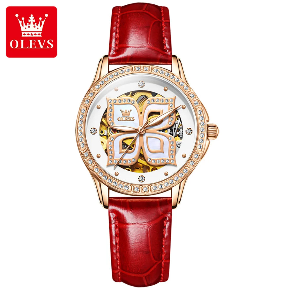 OLEVS 6612 Womens Watch Elegant Fashion Bezel Ceramic Strap Original Mechanical Watch Waterproof Luminous Butterfly Dial Ladies