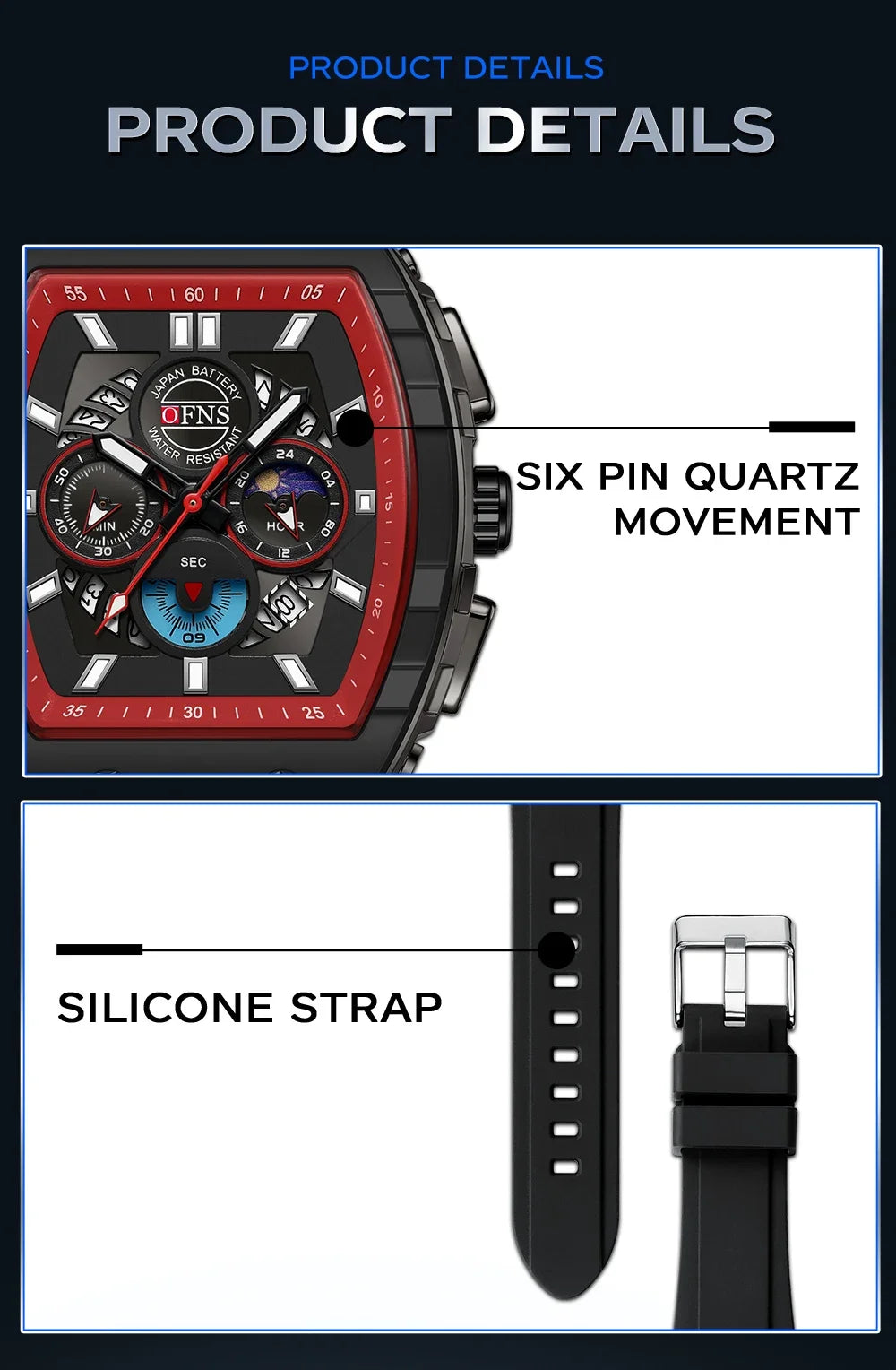 OFNS Fashion Quartz Watches for Man Luminous Waterproof Chronograph Calendar Silicone Strap Outdoor Luxury Sports Men Watch