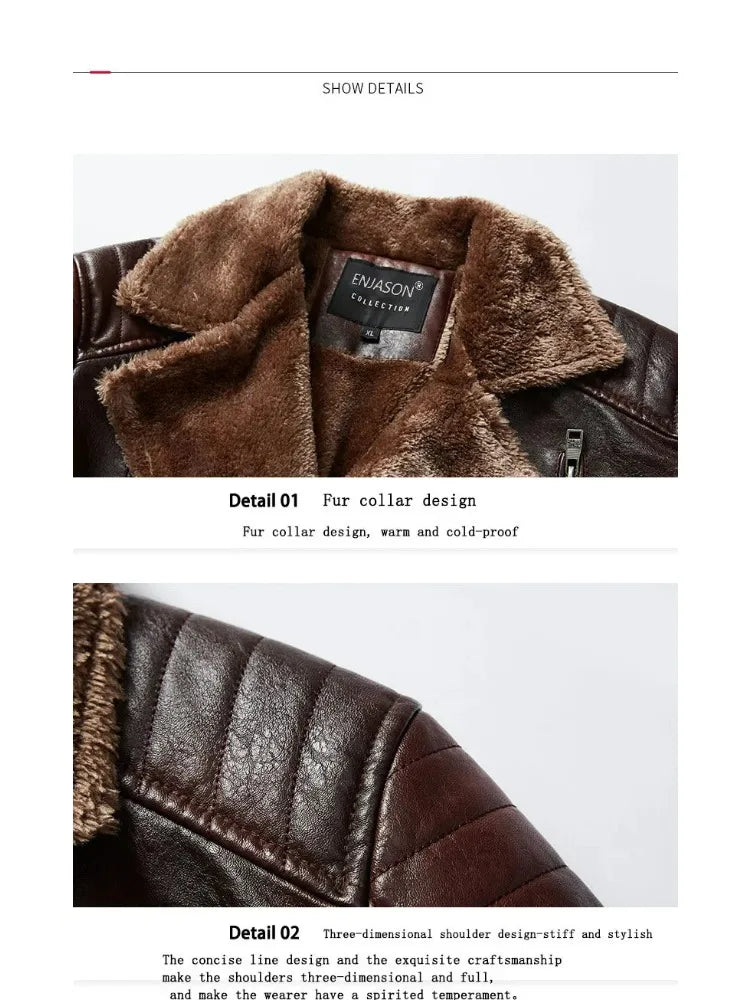 Fashion Warm Winter Mens PU Leather Jacket With Fur Collar Thicken Fleece Motorcycle Coat Casual Faux Leather Locomotive Jacket