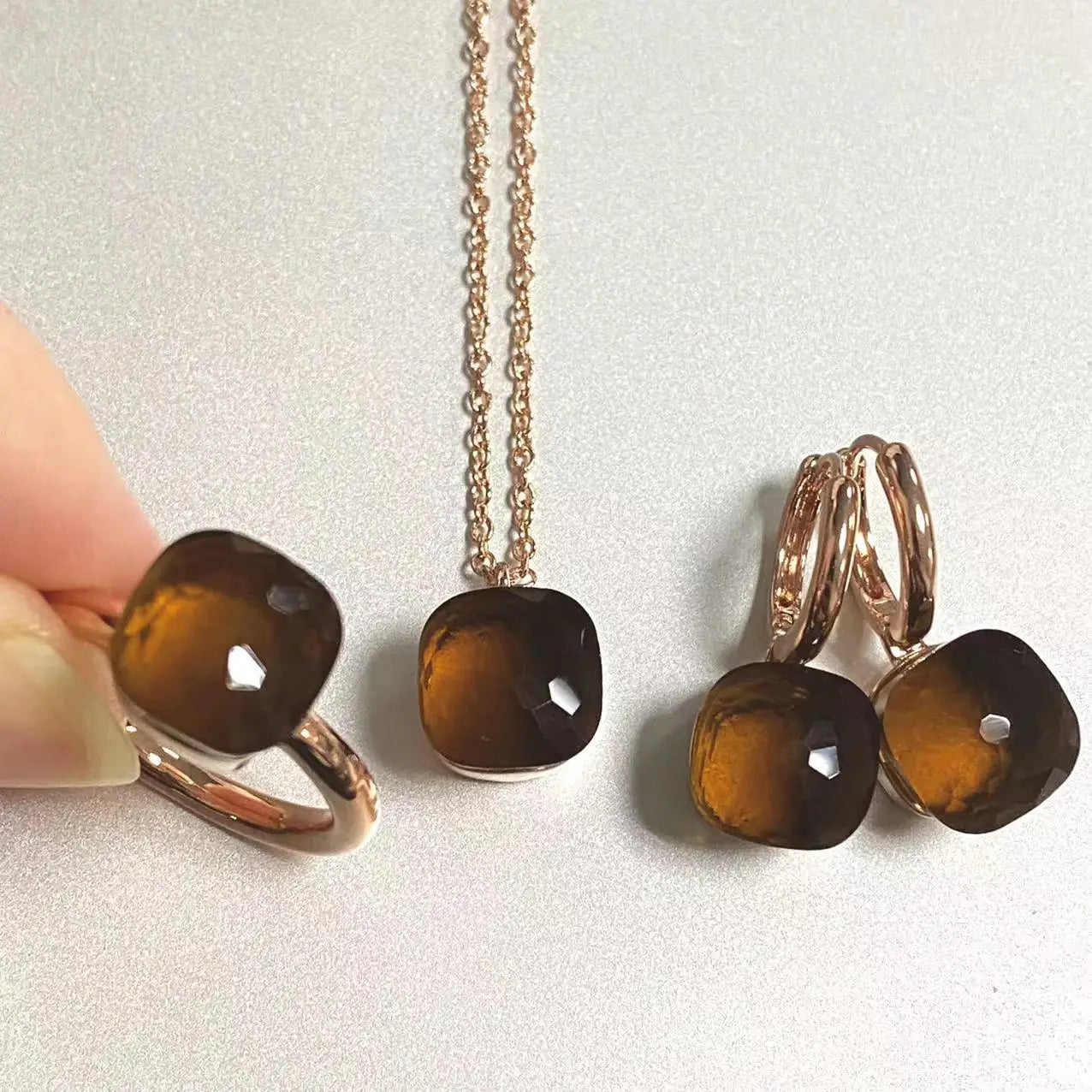 3Pcs/Set Women Ring Earrings Necklace Jewelry Set 34Colors Pink Crystal Jewelry Set Rose Gold Plated Jewelry