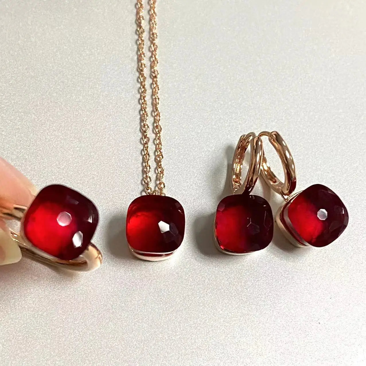 3Pcs/Set Women Ring Earrings Necklace Jewelry Set 34Colors Pink Crystal Jewelry Set Rose Gold Plated Jewelry