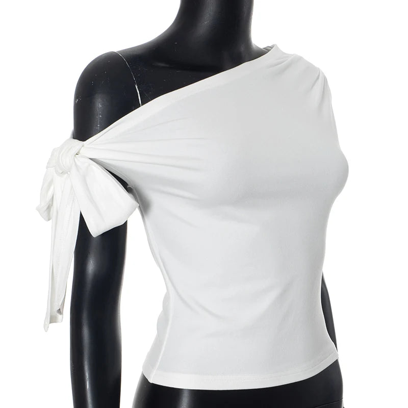 CUTENOVA 2024 Women'S Summer Ins Style New Shrink Pleated One-Shoulder Crop Top Backless Twist Tie Asymmetric T-Shirt Casual Top