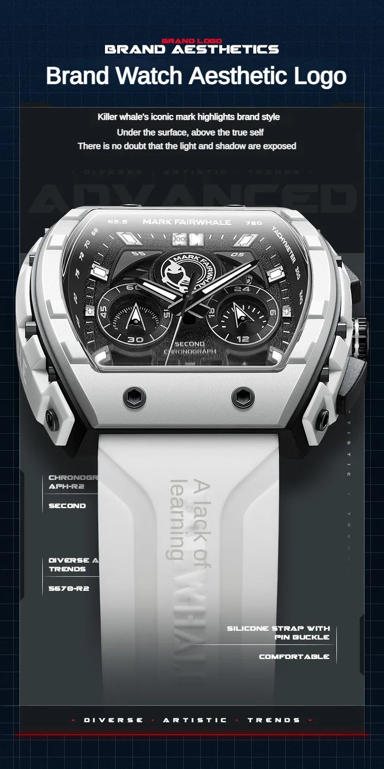 Fashion White Watches For Men Sport Silicone Strap Dive Luminous Quartz Watch Tonneau Shape Resin Case Multifunctional Clock New