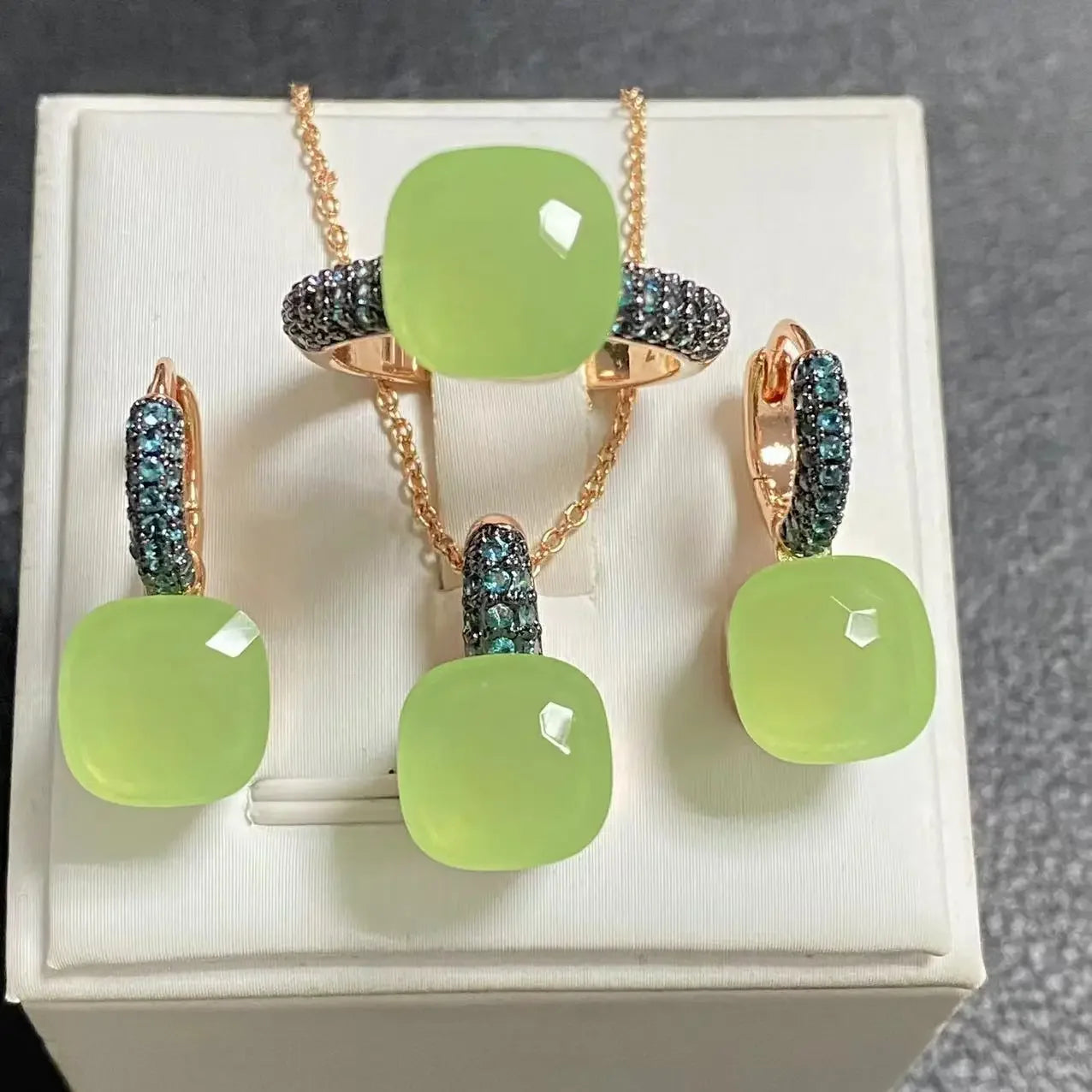 3Pcs Gun Black Plated Blue Zircon Jewelry Set for Women Includes Ring Earrings Necklace Elegant Crystal Blue Topaz Matching Gift